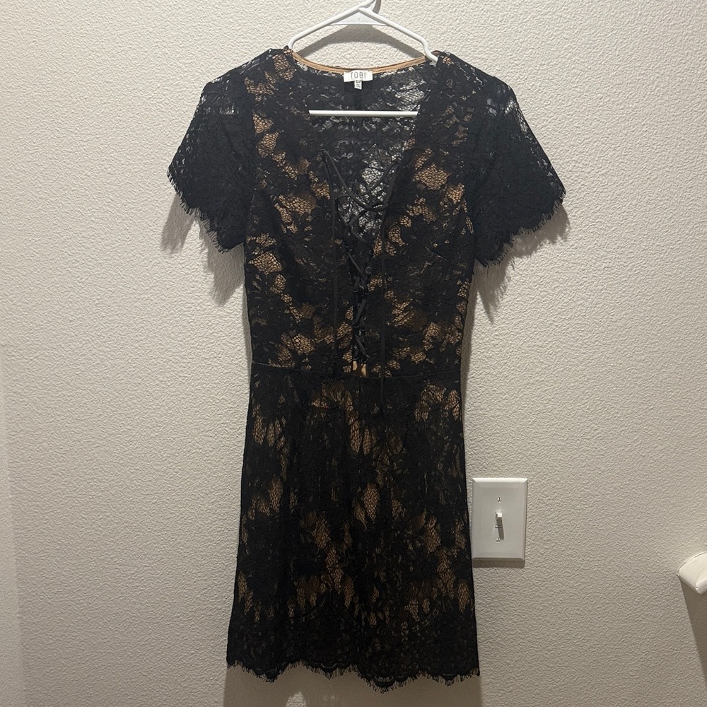 Tobi Black Eyelash Lace Dress with lace up front